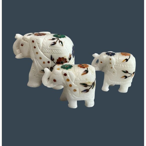 Marble Elephant Figurine Set With Floral Inlay Design - Picture 2 of 9